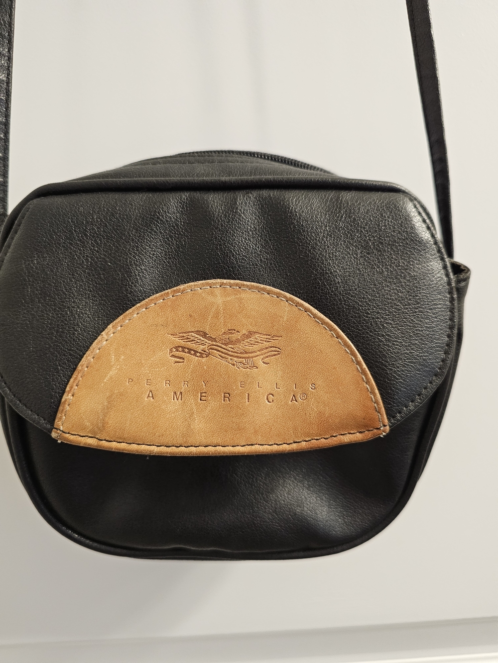 Perry Ellis Black Crossbody with Tan Patch Detail